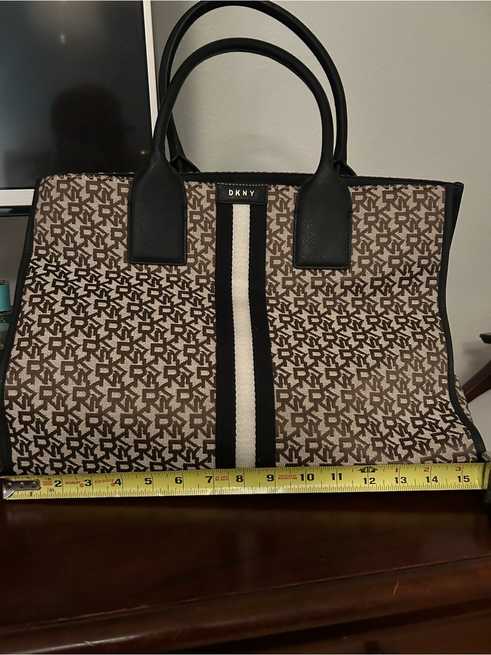 DKNY Brown Monogram Tote with Black Handles and Center Stripe